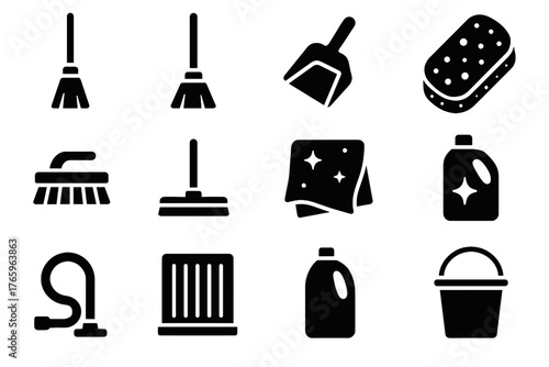 Icons bucket broom floor icon scrub detergent vacuum cleaning brush vector mop