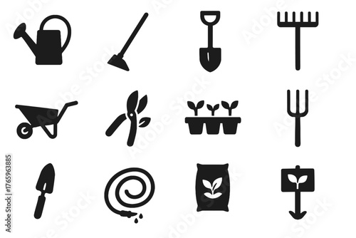 Vector eco tray hose fertilizer pruning spade icon farming friendly watering wheelbarrow