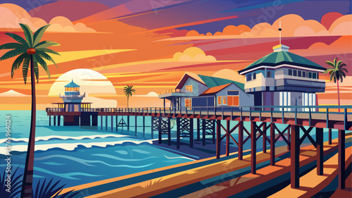 Very beautiful sunset view of the famous Oceanside Pier in California, stretching gracefully into the glowing horizon over the Pacific Ocean, with golden skies and gentle waves reflecting warm light.