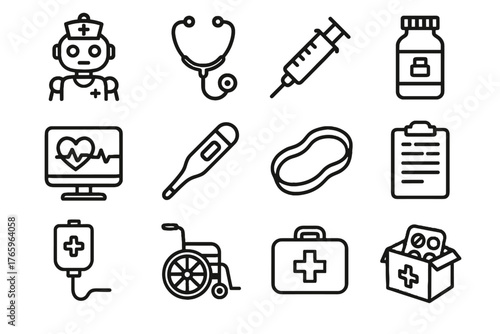 Robot medical thermometer drip bottle tray vector wheelchair icons icon heart aid