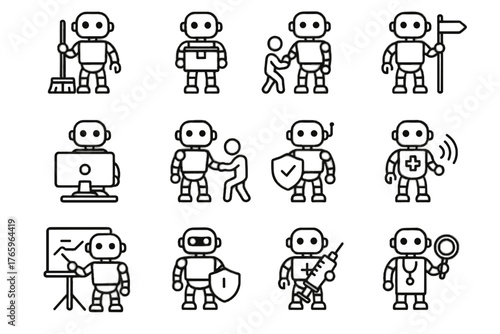 Robot research monitoring task maintenance teaching delivery assistance vector icons icon care