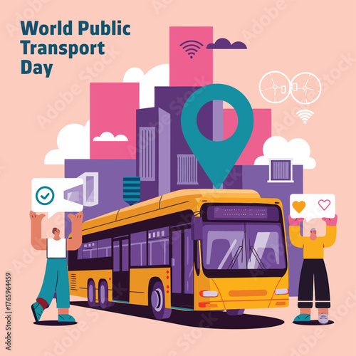 Vector art of world public transport day concept art with a yellow bus, people holding checkmark and heart signs, symbolizing efficient and loved urban transportation