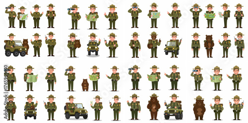 Vector character set of smiling park rangers in uniform, holding maps, using radios, and driving jeeps.