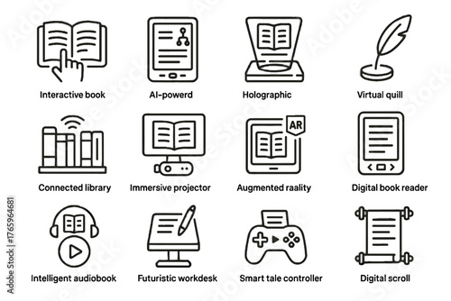 Icon book storytelling library virtual connected smart player immersive icons vector projector