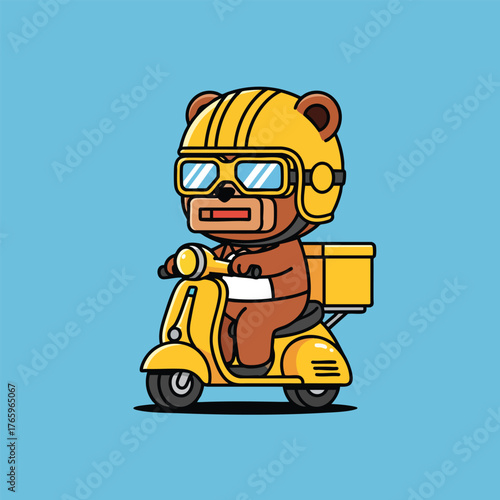Cute cartoon bear courier wearing a yellow helmet and goggles riding a matching delivery scooter.