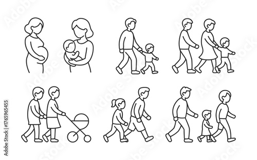 Sketchy line drawings depicting family moments from pregnancy to strolls