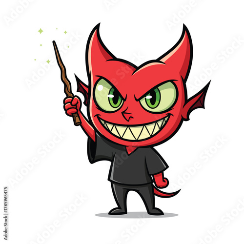 Mischievous red cartoon devil with green eyes and a toothy grin holding a sparkling magic wand.