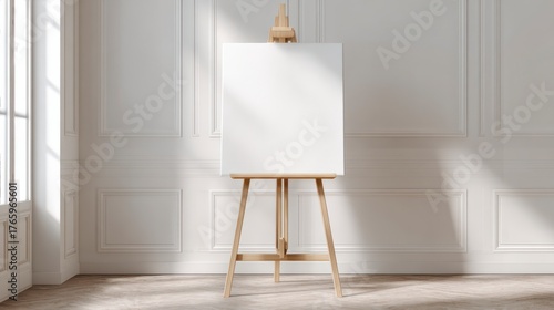 Blank Canvas of Creativity: A clean, inviting canvas stands poised on a wooden easel in a bright room with classic molding. Bathed in natural light, the canvas holds the promise of potential. 
