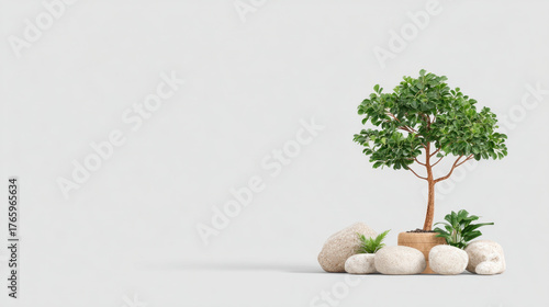 Potted bonsai tree with round stones and small plants on white background, serene minimalist indoor still life emphasizing natural texture and calm composition