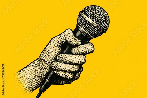 A pop art illustration of a hand holding a microphone is set against a bright yellow background in a halftone effect