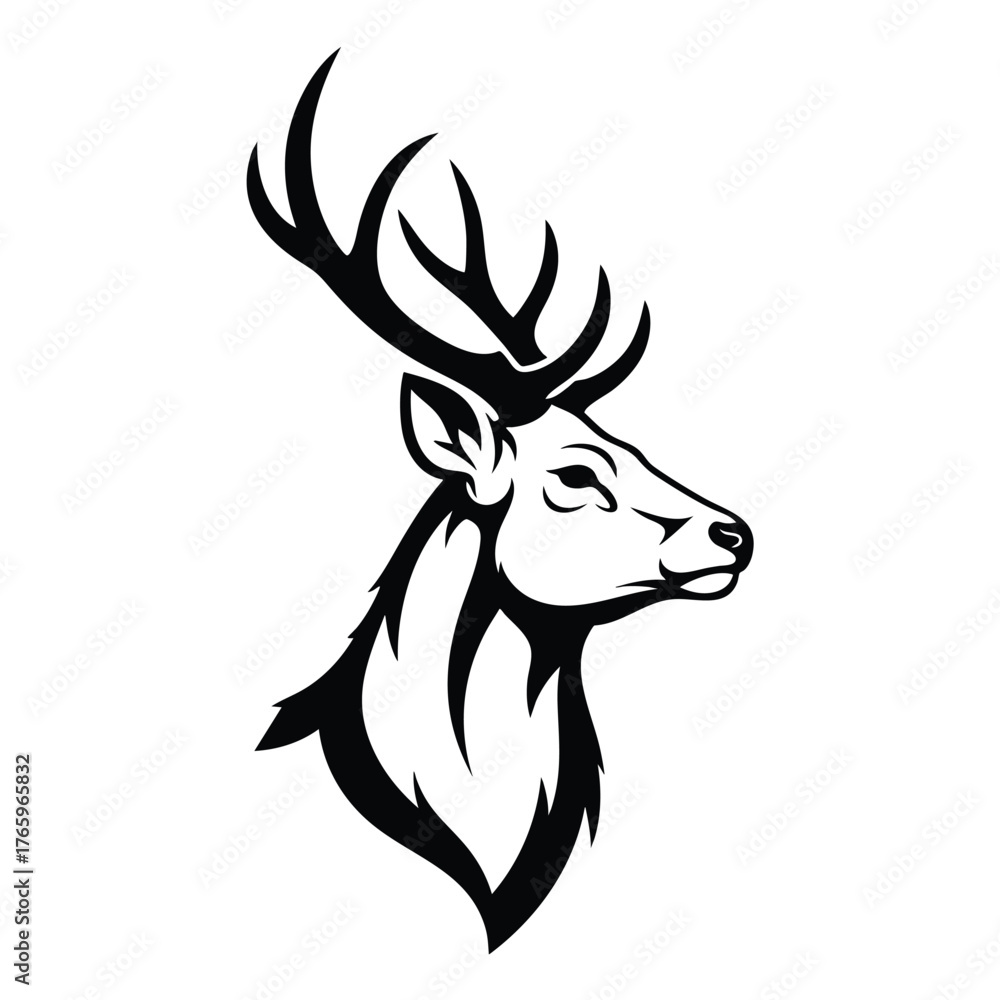 Naklejka premium Stylized black and white graphic of a majestic stag head with large antlers in profile view.
