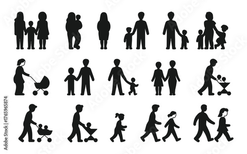 Silhouettes of families children parents people walking together groups various poses diverse representations