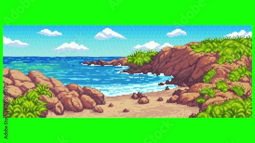 Retro Pixel Art Animated Video of a Secluded Rocky Beach Cove with Rolling Ocean Waves, Moving Clouds, and Swaying Tropical Foliage Background