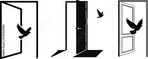 Three stark silhouette images depict birds in flight exiting or entering open doorways symbolizing freedom and transition