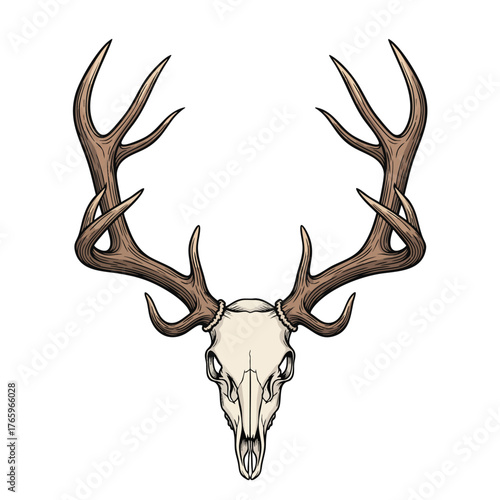 Symmetrical illustration of a deer skull with large textured brown antlers.