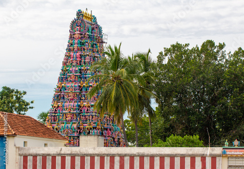 The tower of Ariyakudi Tiruvengadamudayan Temple in Tamil Nadu, a magnificent 17th-century shrine dedicated to Lord Srinivasa with stunning architecture, Ariyakudi, Sivagangai District