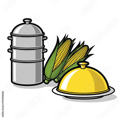 Vector illustration of cooking equipment with a tiered steamer fresh corn cobs and a yellow cloche.