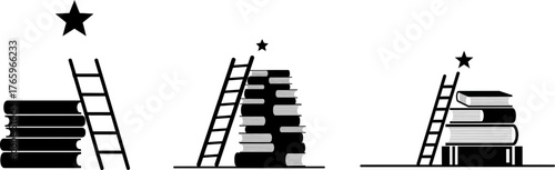 Silhouettes of ladders leaning against stacks of books reaching for a star symbolizing education and aspiration