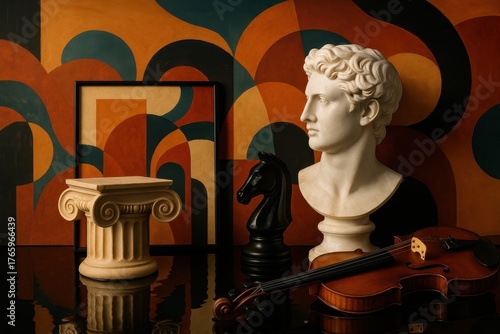 Exhibition artwork featuring a mix of visual and auditory art, set against a stylized background of ancient architecture and geometric patterns