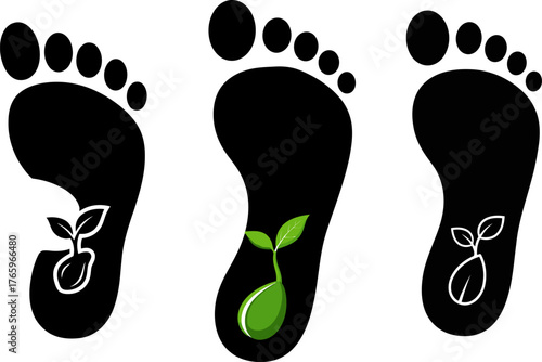 Three black footprints with growing green plants inside symbolizing environmental impact and sustainability efforts