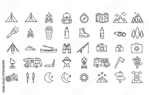 Collection of hand drawn outdoor adventure and camping icons for creative projects