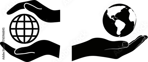 Two stylized hands gently cradling and protecting a globe symbolizing global care, environmental responsibility, and worldwide unity