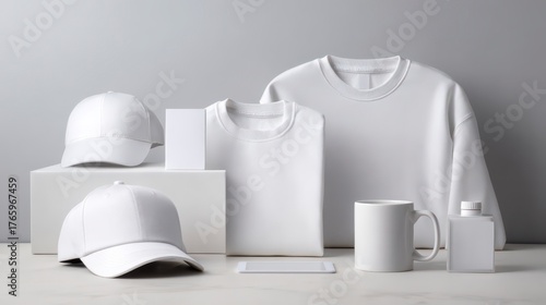 Clothing Items Mockup: A well-arranged collection of pristine white clothing items. A modern representation of apparel for advertising and product showcasing.