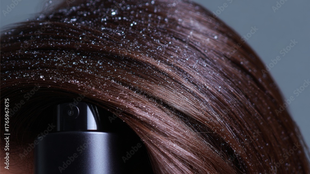 Fototapeta premium Close-up of a person's hair. the hair is a dark brown color and appears to be shiny and shiny. the person's head is tilted slightly to the side, and their hair is styled in loose waves.