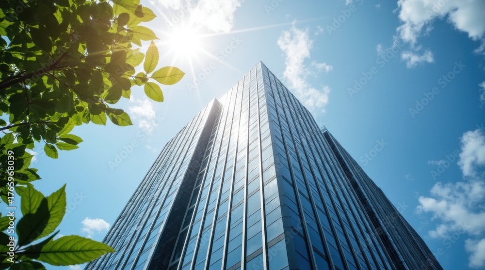 Obraz premium Skyscraper, sun, leaves, city, clouds, reflection, success, growth, urban, nature 