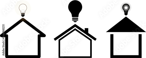 Three stylized house icons with light bulbs above symbolizing ideas innovation and home improvement concepts