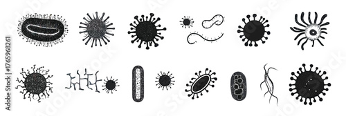 Set of black and white detailed vector icons of bacteria and virus microorganisms with diverse shapes and structures in flat minimalist design