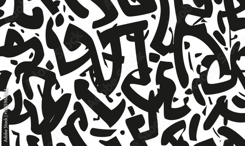 Seamless black and white abstract Arabic calligraphy pattern with handwritten style shapes for artistic minimalist vector background design texture