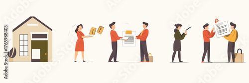 Flat minimalist vector illustration of people completing mortgage process including receiving house keys, signing agreements, and document approval for home purchase