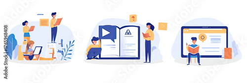 Students and teacher interactive learning with books digital devices online education platform multimedia content study concept flat vector illustration