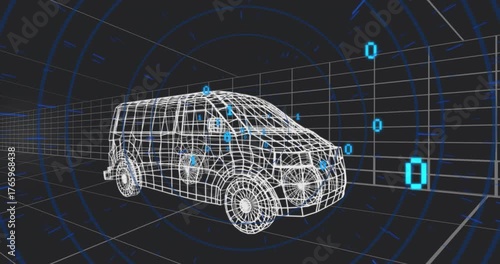 Starting animation showing cyan binary digits flickering around van model visualizing data flow