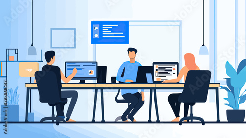 Flat minimalist vector illustration of three developers collaborating on software coding project in modern office workspace with computers and digital interface