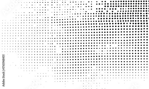 Abstract black and white halftone dotted grid pattern with varying dot sizes in seamless vector minimalistic design for background texture and graphic mesh composition