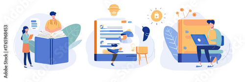 Students reading books, diverse people studying online with laptop and tablet, digital education platform, remote learning concepts vector illustration flat style