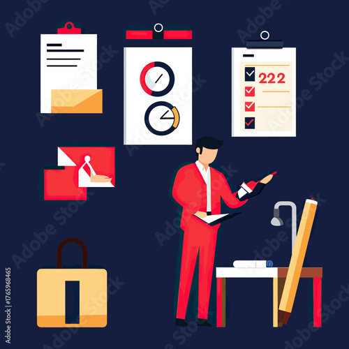 Businessman reviewing documents with checklist, charts, envelope, pen and lock icons in flat minimalist style for project management and office work concept vector illustration