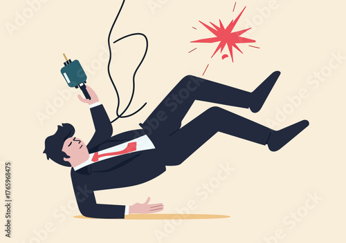 Businessman falling and tripping over unplugged electric power cable with plug and spark in minimalist flat style concept of accident and failure impact on work