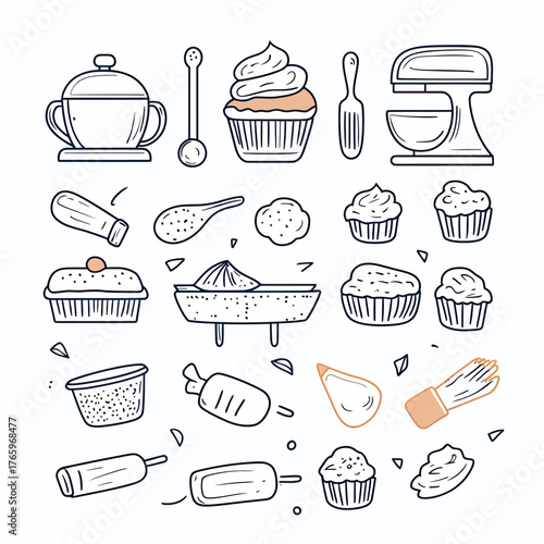 Hand drawn baking tools and sweet desserts collection with mixer, cupcakes, pastry brush, rolling pin, and pie sketch set for bakery business card design