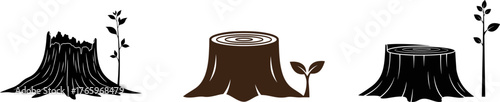Stylized illustration of three distinct tree stumps and tall thin plants against a white background