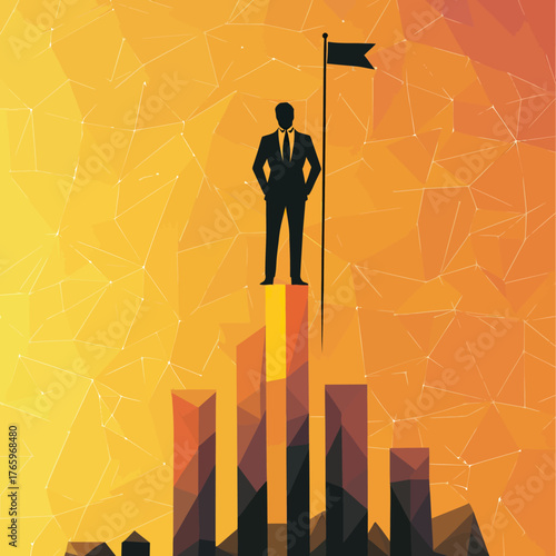 Silhouette businessman standing on highest bar of multicolored 3D bar graph holding flag symbolizing achievement success leadership and business growth concept with polygon gradient background