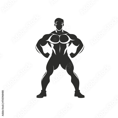 Silhouette of muscular man bodybuilder standing front pose showcasing toned upper body chest arms and legs strength fitness icon vector design isolated on white background