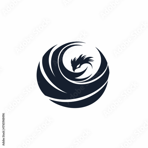 Minimalist phoenix bird logo design with spiral flame wings abstract shape black silhouette vector illustration on white background for business identity branding concept