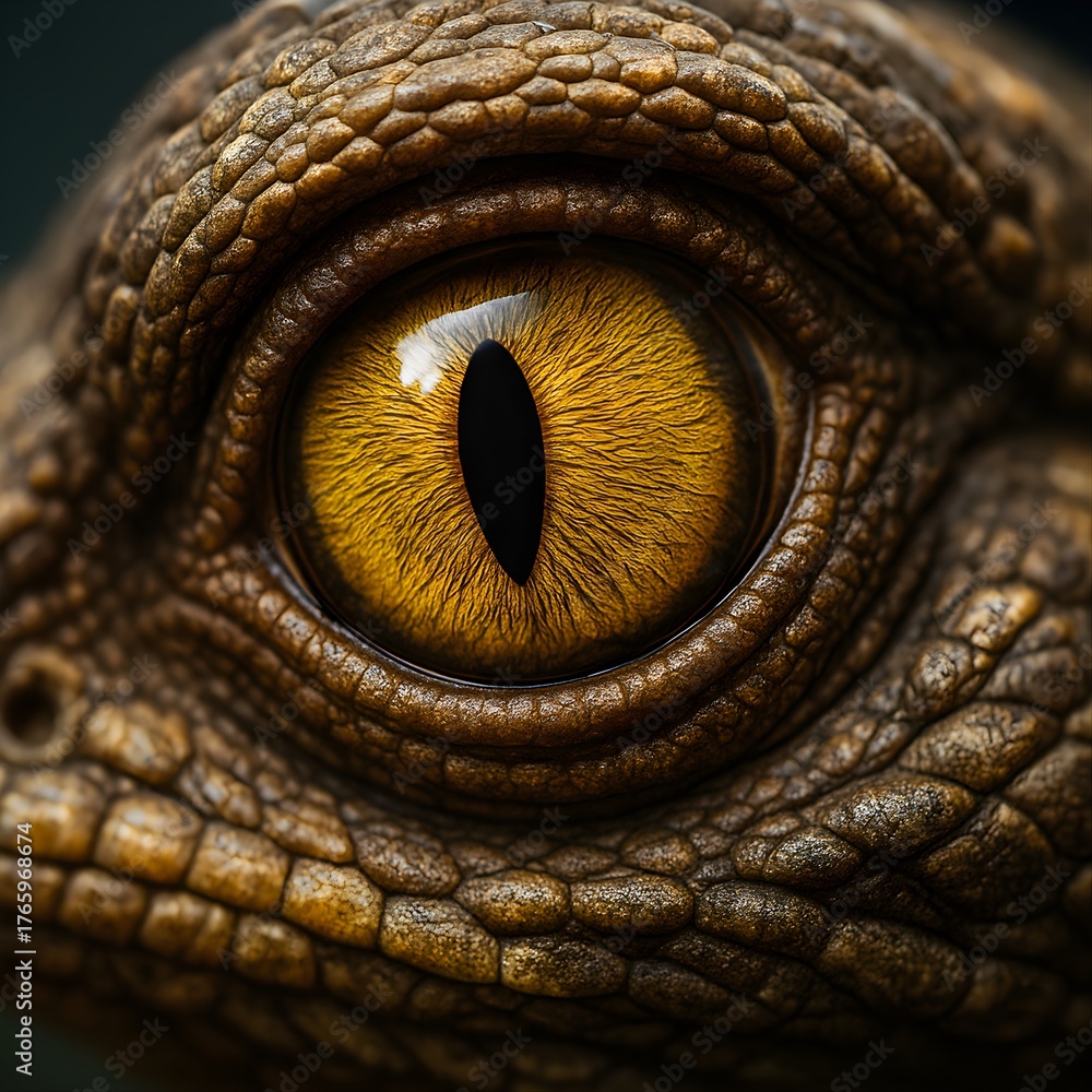 Naklejka premium Generative AI illustration of macro of bright majestic eye of snake with brown skin reflecting bright light