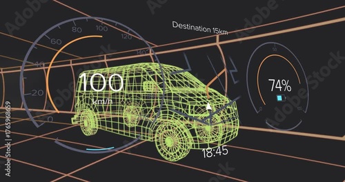 Readout showing 9 km or h starting wireframe van accelerating, slowing, visualizing destination 15 k
