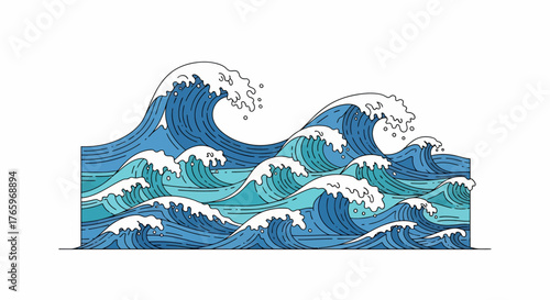 Dynamic Blue Sea Waves A Detailed Vector Illustration of Ocean Currents and Cresting Water