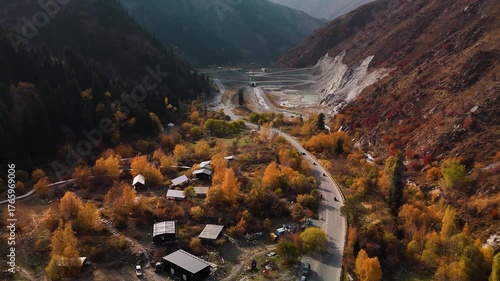Aerial view panorama of yellow autumn forest in Almaty