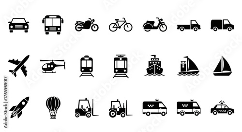 Transportation icon set, including cat, bus, train, police car, tractor, taxi, black silhouette illustration. 